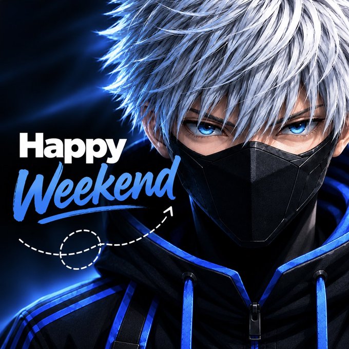 An anime-style illustration of a silver-haired character with blue eyes wearing a black face mask and dark hoodie, accompanied by the text 'Happy Weekend' in white and blue stylized font.