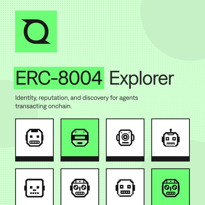 A promotional graphic for the 'ERC-8004 Explorer' by an organization with a 'Q' logo, describing it as 'Identity, reputation, and discovery for agents transacting onchain,' featuring various robot icons.