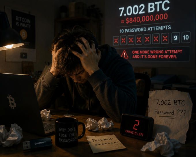 A dramatic AI-generated image depicting a distressed man with his head in his hands at a laptop, with a screen showing "7.002 BTC ≈ $840,000,000," "10 PASSWORD ATTEMPTS," and "2 CHANCES LEFT," referencing a lost Bitcoin password situation.