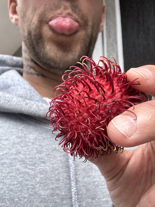 A person holds up a bright red, spiky tropical fruit with long curling tendrils, while sticking their tongue out playfully. The exotic-looking fruit, likely a rambutan or similar variety, is the mysterious subject the post is asking followers to identify.