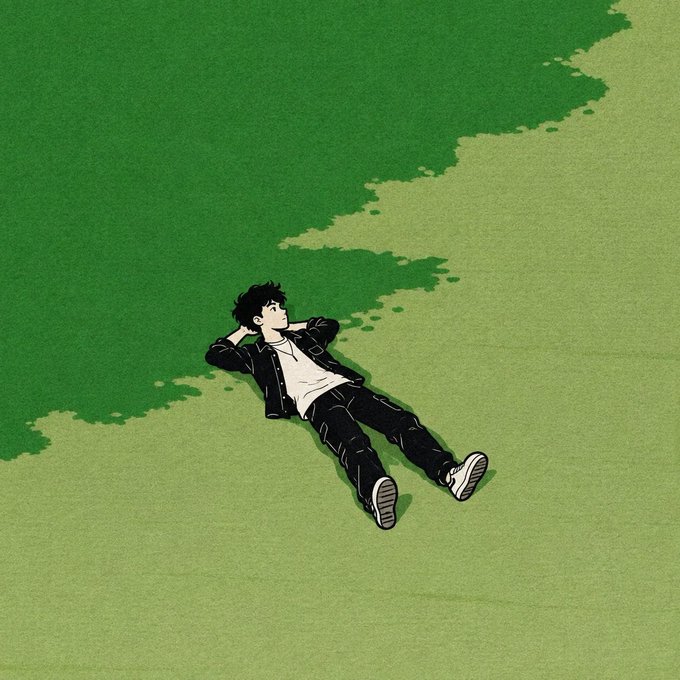 An illustration of a young person with dark hair lying on green grass, wearing a black jacket and pants, with their hands behind their head.