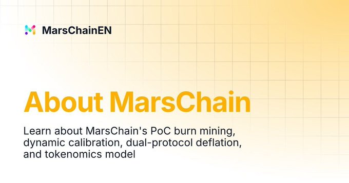 A promotional banner for MarsChain featuring its colorful X-shaped logo and the headline "About MarsChain," with a description highlighting its PoC burn mining, dynamic calibration, dual-protocol deflation, and tokenomics model—aligning with the accompanying post that emphasizes how MarsChain's Proof of Contribution (PoC) system rewards real contribution through burning MARS tokens and creating Mining NFTs rather than relying on expensive hardware or staking capital.