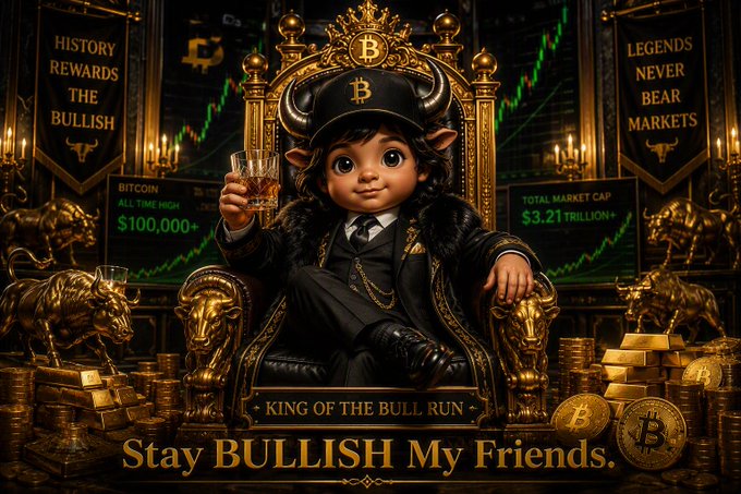 A stylized "bullish" character king wearing a "$B" Bitcoin cap sits on a golden throne holding a whiskey glass, surrounded by gold bars, Bitcoin coins, bull statues, and charts showing "BITCOIN ALL TIME HIGH $100,000+" and "TOTAL MARKET CAP $3.21 TRILLION+," with banners reading "HISTORY REWARDS THE BULLISH," "LEGENDS NEVER BEAR MARKETS," and "Stay BULLISH My Friends." The image ties directly to the $TBBB (BabyBitcoinBull) post's bullish theme, visually reinforcing the token's horned-bull mascot and its "Stay BULLISH" rallying cry as Bitcoin hits six figures.