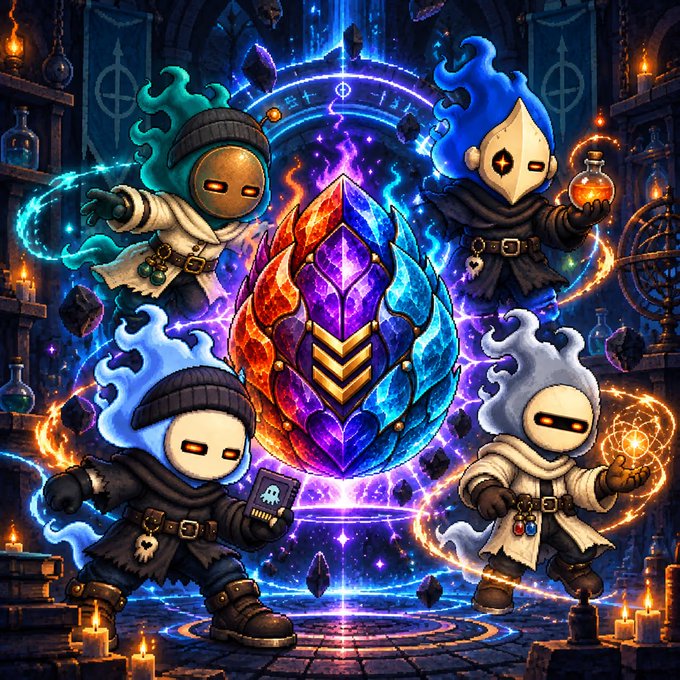 The image showcases a vibrant, magical fantasy scene featuring four hooded character figures with glowing elemental auras (teal, blue, orange, and gray) surrounding a large, ornate purple and orange crystalline egg at the center, set within a mystical arcane chamber with candles and floating shards. The accompanying post text about NFT mint tiers ("Free Mint," "WL: 0.015 ETH," "Public: 0.02 ETH") is not visibly rendered in the image itself; the artwork appears to be thematic NFT collection branding rather than containing the pricing text directly.