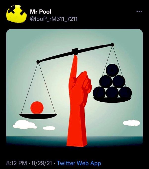 The image shows a Twitter post by Mr Pool (@looP_rM311_7211) featuring an illustration of a scale where a single red ball is outweighed by six dark balls, symbolizing Japan's outsized influence in global markets and suggesting the country's potential interest rate hikes could outweigh other economic factors.