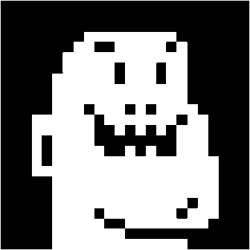 A simple black and white pixel art illustration of a smiling ghost-like figure on a solid black background.