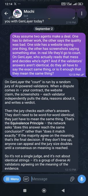 A Telegram chat screenshot with a user named 'Mochi' discussing GenLayer's AI-powered validator system and the 'Equivalence Principle' for dispute resolution.