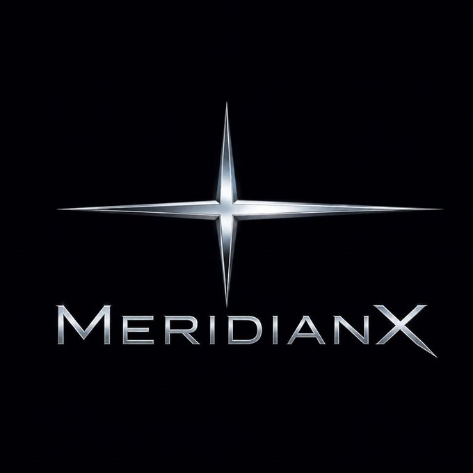 The image displays a sleek logo featuring a silver four-pointed star or compass-like symbol above the text "MERIDIANX" on a black background, representing the MeridianX brand mentioned in the post as a company behind the AI-powered business and travel application called Dragonfly.