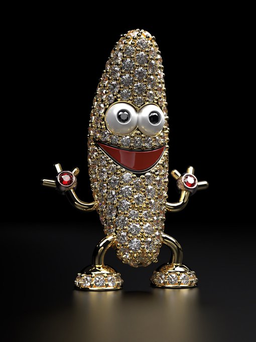 A 3D rendered, glittering figure resembling a pickle or small creature covered in diamonds or jewels, featuring large googly eyes and a wide red smile, with gold arms and legs giving a thumbs-up against a black background.