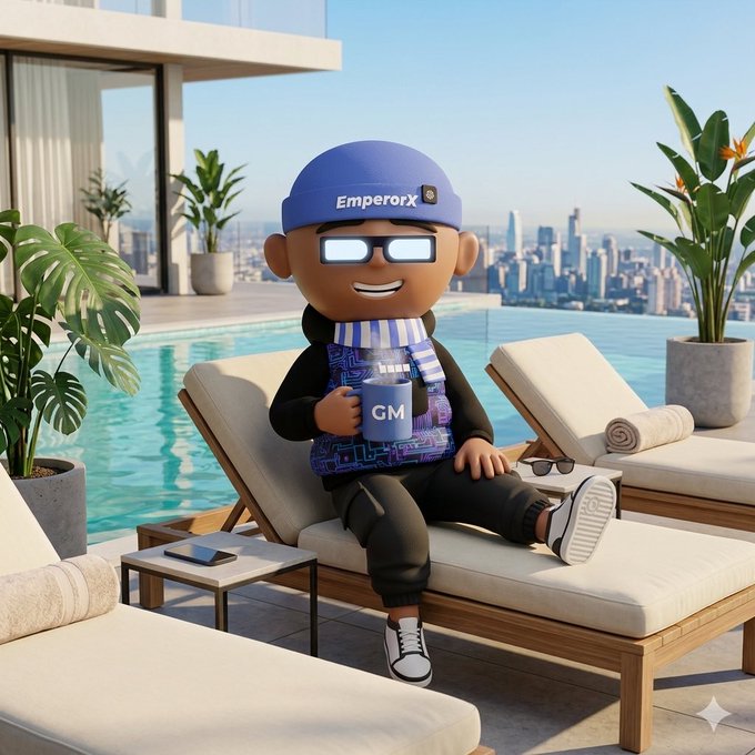 A 3D cartoon character wearing a blue 'Emperorx' cap, reflective glasses, and a patterned scarf lounges on a pool chair by an infinity pool, holding a mug labeled 'GM', with a city skyline in the background.