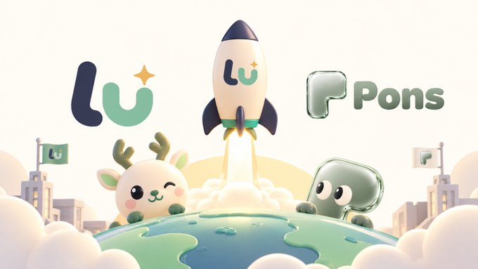 A cartoon promotional illustration featuring a rocket ship, a cute deer character, and a green mascot, alongside 'Lu' and 'Pons' logos above a stylized Earth.