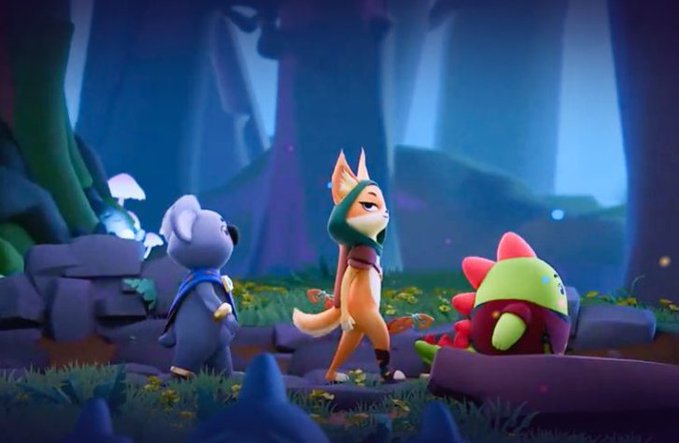 ursa, a purple dragon-like creature with wings and horns, stands on hind legs atop a rock formation, accompanied by a green fox and a brown bear.
