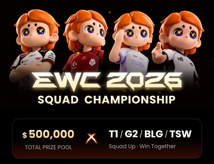 A promotional graphic for the EWC 2026 Squad Championship, showing four cartoon mascots in esports jerseys and displaying a $500,000 total prize pool with teams T1, G2, BLG, and TSW.