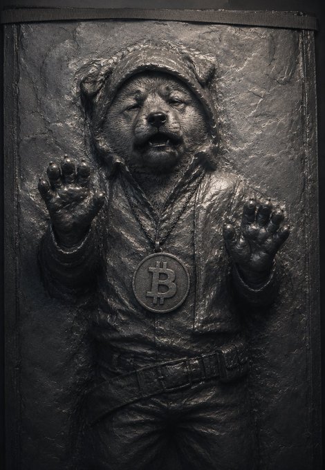 A stone-carved sculpture of a bear wearing a hooded sweatshirt with its paws raised in surprise, wearing a Bitcoin medallion around its neck.