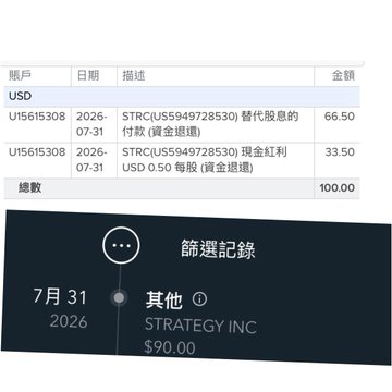 A financial ledger showing STR (US55949728530) transactions totaling 100 USD with fees of 66.50 and 33.50 on 2026-07-31, alongside a PayPal-style record showing a $90.00 payment to STRATEGY INC.