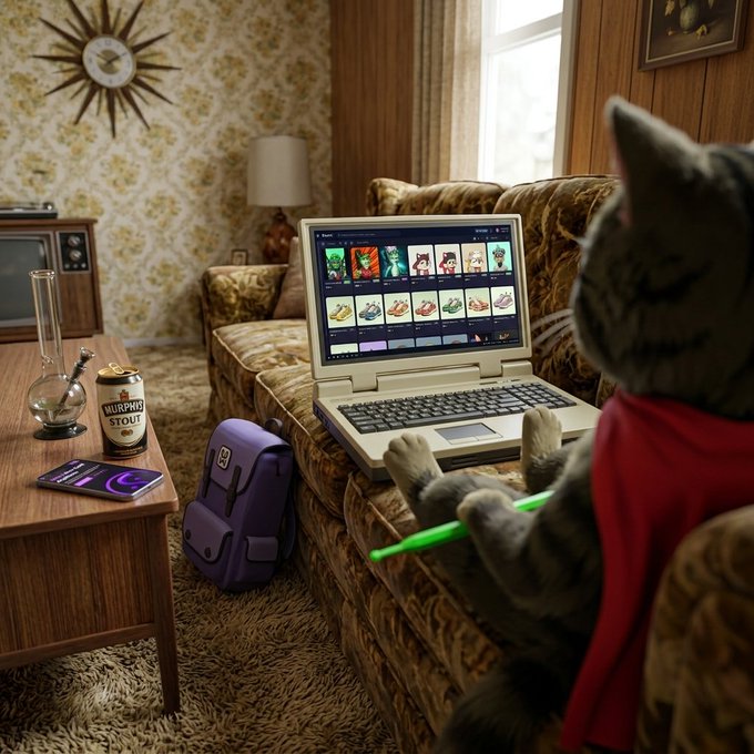 The image features a cat sitting on a couch, using a laptop computer with its paws resting on the keyboard. The cat appears to be watching something on the screen or engaging with an object nearby. In front of the cat, there are two objects - a backpack and a cell phone. A clock can also be seen in the background. The image is related to the post because it shows a cat using a laptop computer while wearing a red shirt, which could be interpreted as a reference to the post's title "GM Happy Caturday mthrfckrs Gotta love a degen day".