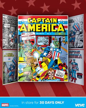 Veve digital collectible promotional graphic for Marvel 'Captain America' comics available 'In store for 30 DAYS ONLY.'