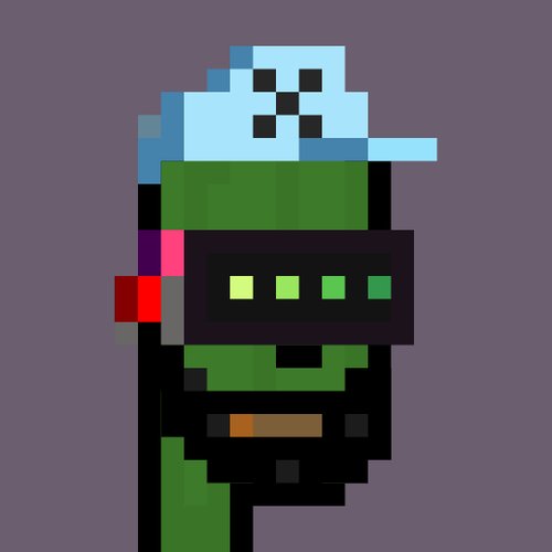 A pixel art illustration of a green robot-like character with a blue cap, black digital visor displaying yellow/green squares, and a red button on its side, against a purple background.