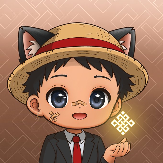 An anime-style chibi character wearing a straw hat with cat ears, a band-aid on their cheek, and a suit with a red tie, holding a glowing ornamental symbol.