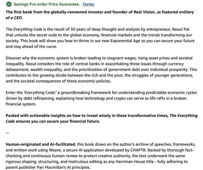 Promotional text for the book 'The Everything Code' by Raoul Pal, founder of Real Vision, describing it as a framework for understanding predictable economic cycles driven by debt refinancing, with a 'Savings Pre-order Price Guarantee' and notes about being human-originated and AI-facilitated using Weave by CHAPTR, published by Harriman House.