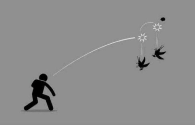 A minimalist grayscale illustration showing a black stick figure in a throwing pose, releasing a projectile that strikes another figure mid-air, depicted as a black silhouette with a starburst impact.