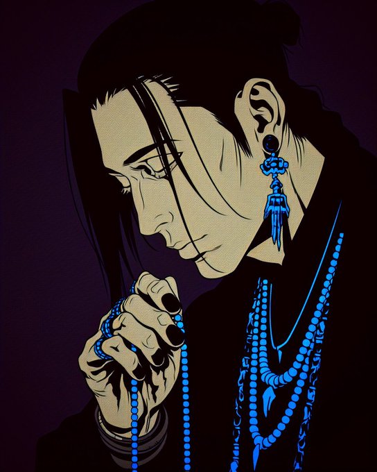 A stylized illustration of a dark-haired man in profile with closed eyes, wearing dangling blue earrings, multiple beaded necklaces, and dark nail polish while holding a string of blue beads, set against a dark purple background.