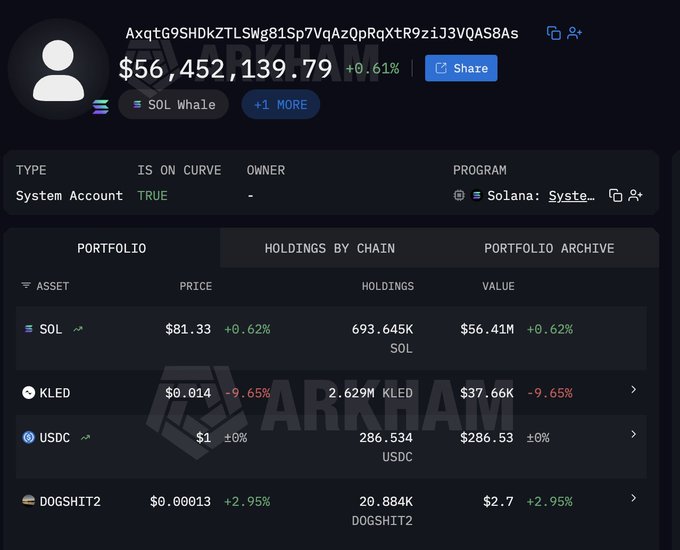 A cryptocurrency portfolio screenshot showing a wallet address with $56,452,139.79 in holdings, including SOL ($56.41M), KLED, USDC, and DOGSHIT2 tokens, labeled 'SOL Whale'.
