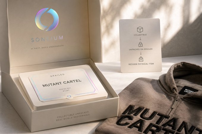 A Soneium-branded collectible labeled "Mutant Cartel" (Series 001 #2387) sits in an unboxing alongside its redeemable physical counterpart—a "Mutant Cartel" hoodie—illustrating the seamless digital-to-physical redemption flow described in the post. The packaging and instruction card, marked "Unpack on Grailed," visually demonstrate how a collectible NFT can be exchanged for a real-world wearable item.