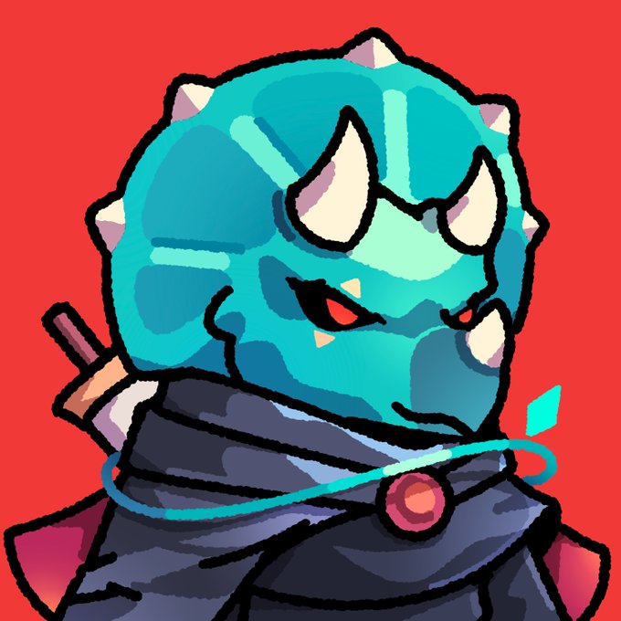 A digital illustration of a blue-skinned character with white horns, glowing red eyes, and dark armor against a red background.