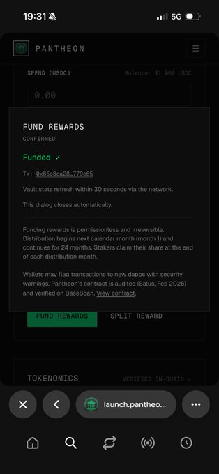The image shows a Pantheon vault interface confirming a $500 USDC funding transaction (Tx: 0x65c8ca28...779c65) to the vault, with the post announcing that $500 USDC has been added to the @pantheonvaults stable coin vault on Base.