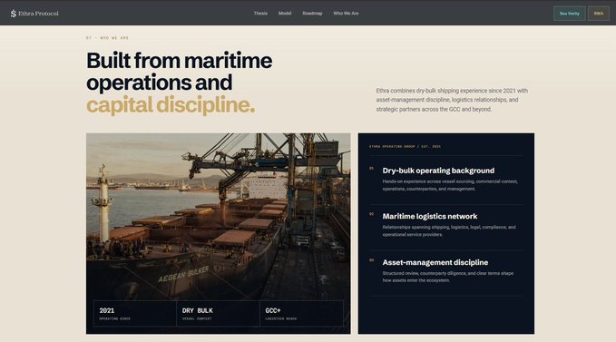 A website for Ethra Protocol featuring the headline 'Built from maritime operations and capital discipline,' with sections on dry-bulk operating background, maritime logistics network, and asset-management discipline.