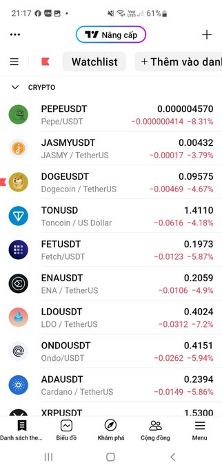A cryptocurrency watchlist on a mobile app showing various tokens including PEPEUSDT, JASMYUSDT, DOGEUSDT, TONUSD, and others, all displaying significant price declines.