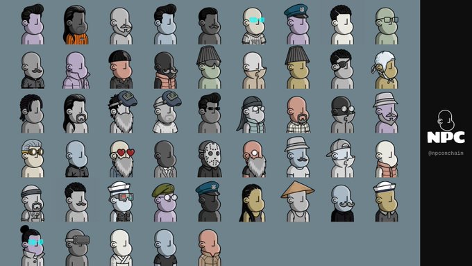 The image features a large grid of cartoon-style heads with various hairstyles and facial expressions, all wearing different colored hats or headgear. The text "NPCC" can be seen at the bottom right corner of the image. The caption reads "I honestly thought 50 NPCs would be enough, but I was clearly wrong @npconchain". This suggests that there might have been an underestimation in the number of characters needed for the game, and it is likely that more characters were required to complete the game.