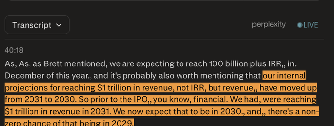 A screenshot of a transcript from a Perplexity live stream at timestamp 40:18, in which a speaker discusses projections of reaching $1 trillion in revenue by 2030, up from a prior expectation of 2031, mentioning internal projections and Brett. The post references ticker $SPCX and the speaker's confidence in exceeding $500 billion in revenue, aligning with the bold revenue forecasts highlighted in the transcript.