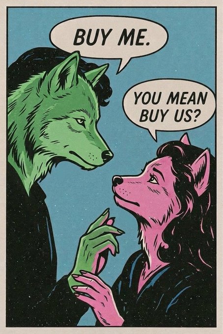 A comic-book style illustration of a green wolf and a pink wolf/dog, with the green wolf saying 'BUY ME.' in a speech bubble and the pink wolf responding 'YOU MEAN BUY US?'