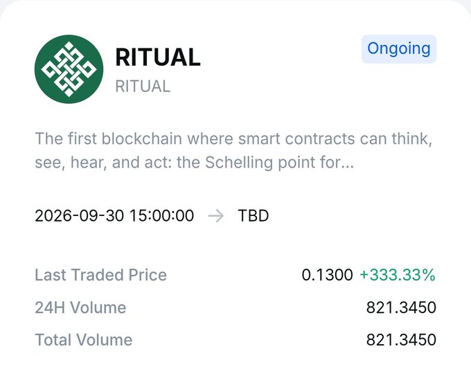 A token listing card for RITUAL on a crypto launchpad, showing a status of 'Ongoing', the date 2026-09-30 15:00:00 → TBD, a Last Traded Price of 0.1300 (+333.33%), and 24H/Total Volume of 821.3450.