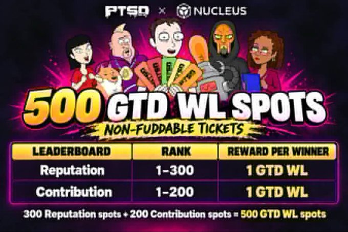 A promotional graphic for PTSD x Nucleus offering 500 GTD whitelist spots as non-fuddable tickets, with leaderboard rankings for Reputation (1-300) and Contribution (1-200).
