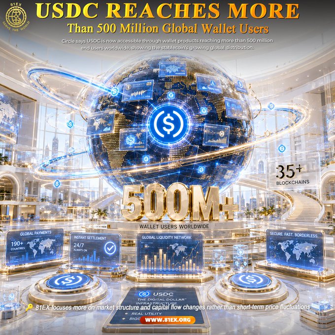 A futuristic promotional graphic announces that USDC, Circle's stablecoin, has surpassed 500 million global wallet users, highlighting its availability across 35+ blockchains, 190+ countries, and 24/7 settlement. The image features a glowing digital globe surrounded by floating charts and dollar icons, with bold text reading "USDC REACHES MORE Than 500 Million Global Wallet Users" and "500M+ Wallet Users Worldwide." Branded with 81EX logos and the URL www.81EX.org, the visual emphasizes USDC's infrastructure for global liquidity, secure digital payments, and real-time capital flow.
