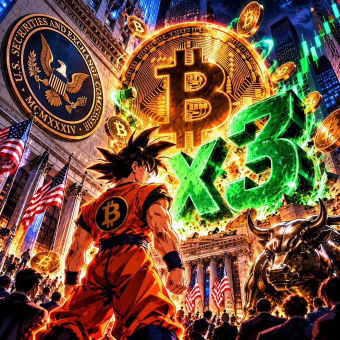 A vibrant AI-generated illustration depicts a Goku-like character with a Bitcoin logo on his gi standing before the U.S. SEC seal, with a glowing Bitcoin and 'X3' text, plus the Wall Street Charging Bull statue.