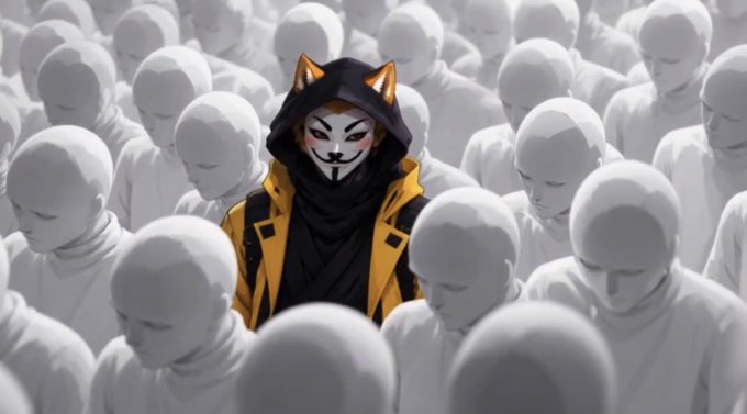 A masked character in a yellow jacket with fox ears stands out among a crowd of identical gray, faceless figures, visually representing individuality amid conformity—a fitting illustration for a "Gm" (good morning) crypto greeting that emphasizes standing out in the market.