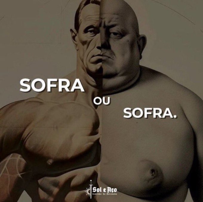 A split-image advertisement showing a muscular man and a slim man back-to-back with the text 'SOFRA ou SOFRA.' from Sol e Arco jewelry.