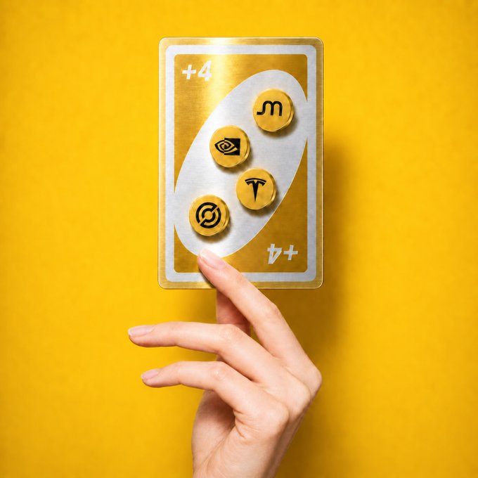 A hand balances a UNO +4 card on its fingertips against a yellow background, with four gold tokens bearing crypto logos (Ethereum, "ɱ," Tesla/"T," and what appears to be a coin icon) arranged on the card. The image visually reinforces the "GM, today's Buff fully stacked" post by combining the gaming metaphor of stacked power-up cards/tokens with crypto trading symbols to suggest a fully loaded trading day.