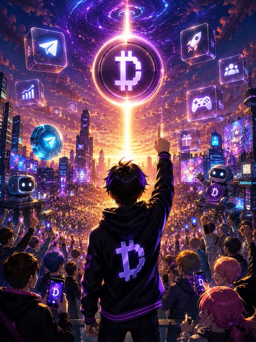 The image features a man wearing a black jacket with white letters that say "D" standing in front of a crowd of people who are also wearing jackets with similar lettering, suggesting they might be part of an event or gathering related to cryptocurrency. The scene is set against a backdrop of futuristic city buildings and neon lights, creating a sense of excitement and anticipation among the attendees.