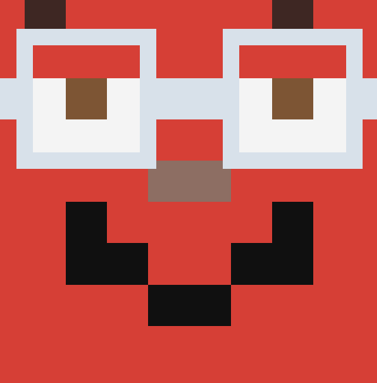A pixel art illustration of a red character with large white-framed glasses and a black mustache against a red background.