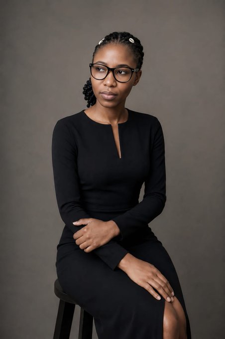 A professional portrait of a woman wearing glasses and a black long-sleeved dress, seated against a gray background.