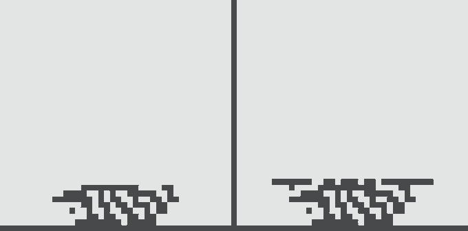 Two QR codes positioned at the bottom of a mostly blank white frame separated by a vertical line.