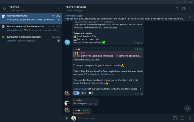 A Telegram townhall chat for the 'vibe' group (11,816 messages) with announcements about Spark token airdrops and a pinned message from admin Lev about testnet incentives.