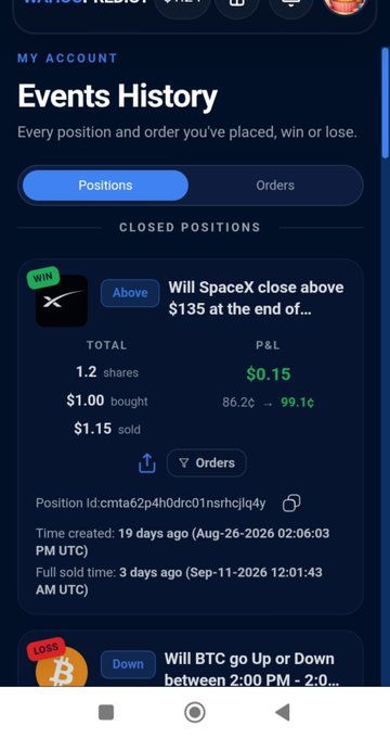 A Polymarket 'Events History' screen showing a winning position on 'Will SpaceX close above $135 at the end of...' with a P&L of $0.15.