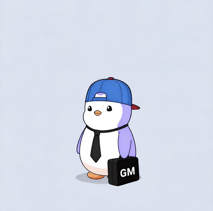 A cartoon illustration of a penguin wearing a blue baseball cap backward and a black necktie, holding a black briefcase labeled 'GM'.
