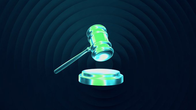 A glowing teal 3D rendering of a judge's gavel suspended mid-strike above its sounding block against a dark blue radial background, symbolizing the legal arbitration ruling in which an arbitrator sided with Circle over Tether-backed Heka Funds in a dispute concerning USDC market manipulation.